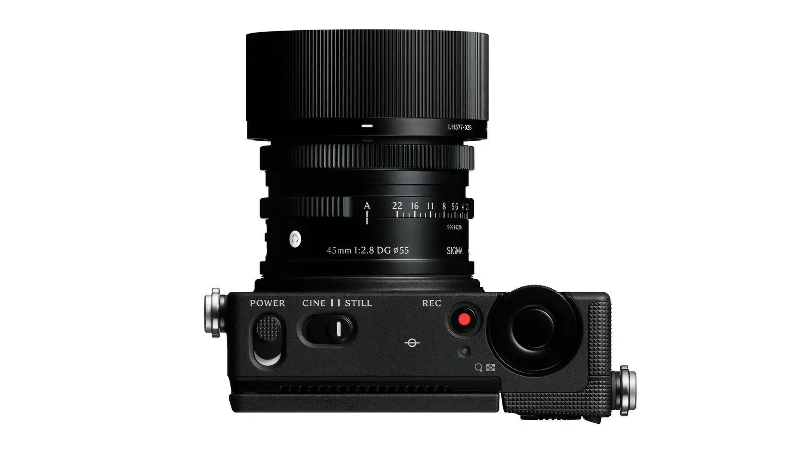 Top view of the Sigma FP2 compact full-frame camera with a 45mm F2.8 DG lens and hood, on a white background (image from Sigma's FP2 product page)